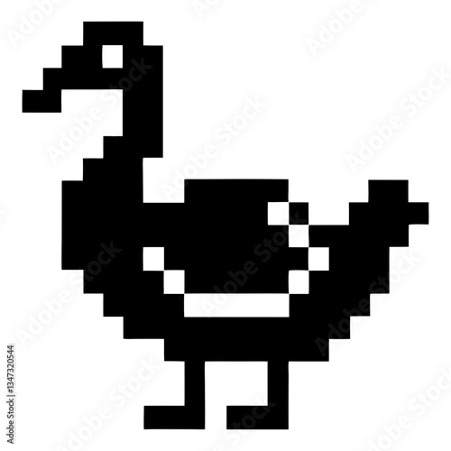 A silhouette of a duck presented in a pixelated style. A minimalist design for a variety of uses. The duck stands with its head held high. This simple image captures the essence of pixel art. 