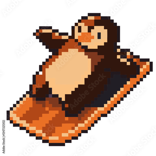 A pixelated penguin enthusiastically snowboarding down a slope, capturing a dynamic moment of winter sport