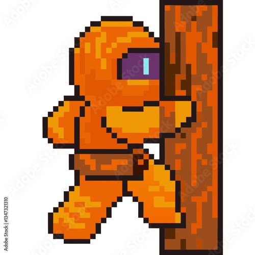 a pixelated orange figure clinging onto a tree trunk