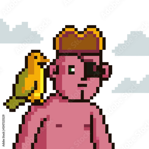 a pixel art of a pirate with a bird on his shoulder, with a touch of a cartoon aesthetic