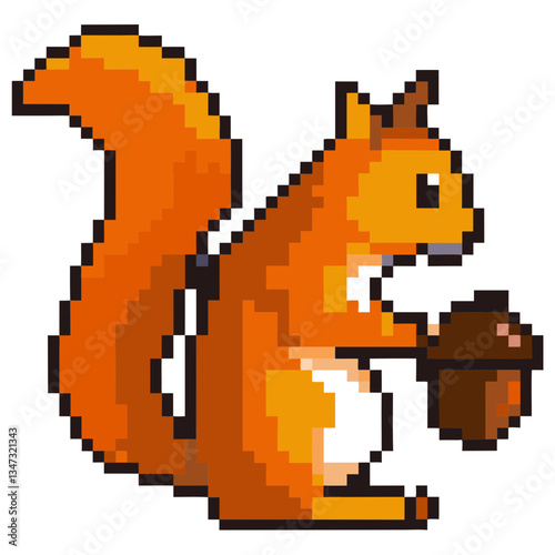 Pixelated squirrel holding a acorn. The squirrel is depicted with a brown body and holding a brown acorn, creating a playful and charming scene