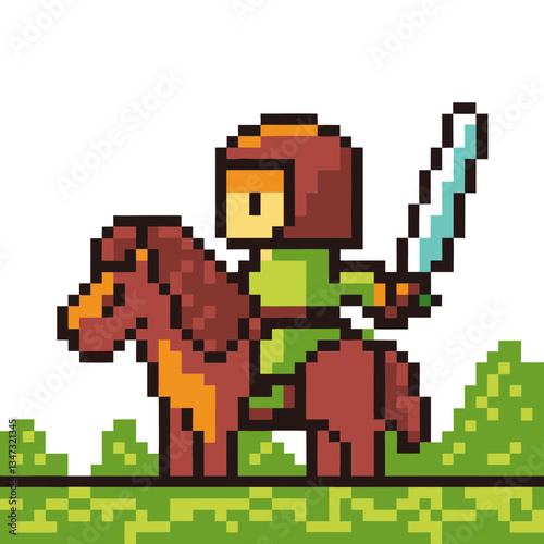 A pixel art illustration of a knight riding a horse with sword in hand