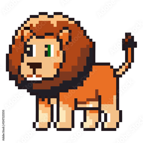 a pixel art illustration of a cute and brave lion standing confidently. Its mane is a mix of brown and yellow, with pixelated details