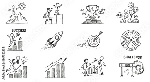 A spirited team climbing towards triumph, achieving goals, and conquering challenges with simple, hand-drawn style.