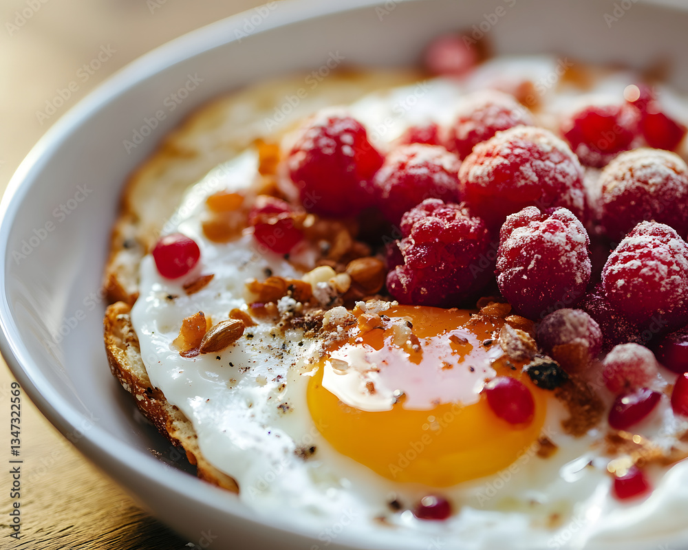 A vibrant breakfast plate featuring sunny-side-up eggs, juicy raspberries, and seeds, evoking warmth and contentment. A vibrant breakfast plate featuring sunny-side-up eggs, juicy raspberries, and seeds, evoking warmth and contentment.