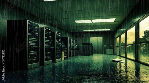 Rainy server room, flooded floor
