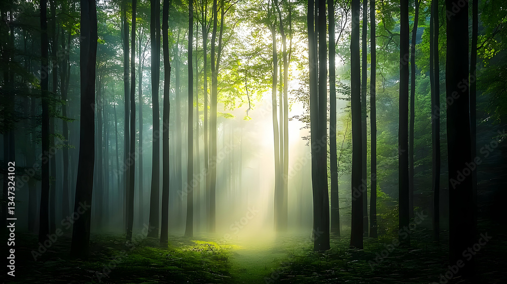 Fototapeta premium Sunlight Streaming Through Dense Forest Canopy Illuminating Misty Atmosphere