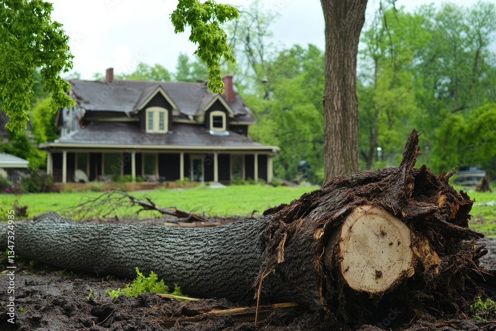 Fototapeta premium Displaced Tree Trunk After Storm: Impact of Disaster on Residential Yard