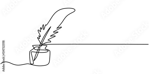 continuous line classic quill pen.one line drawing of quill pen.single line vector illustration.isolated white background, Scroll with inkwell and feather continuous line drawing. One line art of love