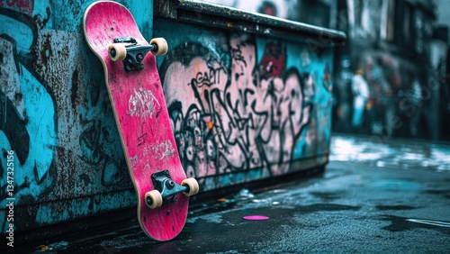 Colorful Skateboard Leaning Against Graffiti Wall in Urban Setting