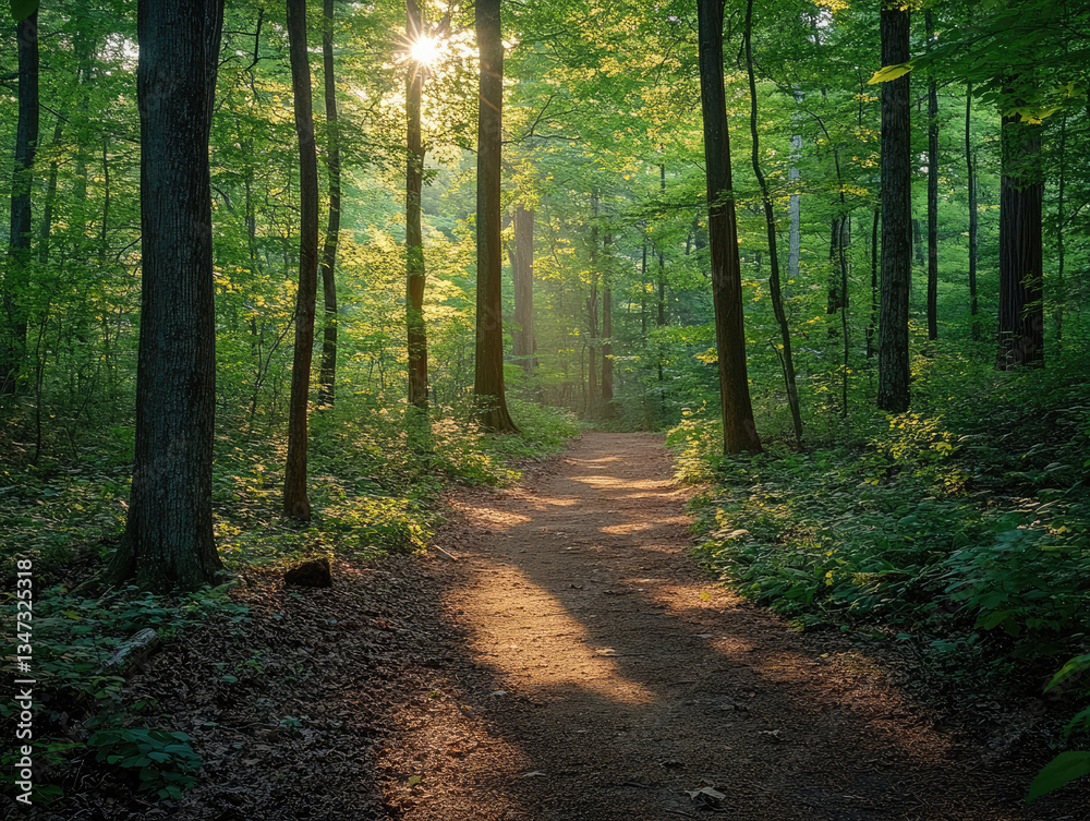 Obraz premium Serene Forest Path Surrounded by Tall Trees, Lush Green Foliage, and Soft Dappled Light Filtering Through the Canopy