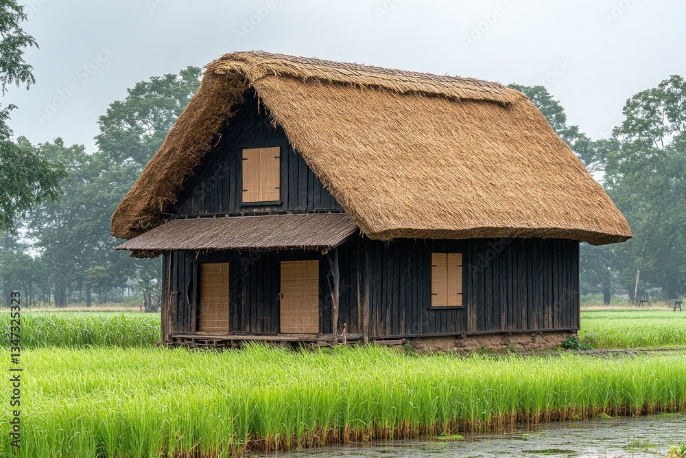 Traditional thatched-roof barn nestled in vibrant green farmland under overcast sky Traditional thatched-roof barn nestled in vibrant green farmland under overcast sky