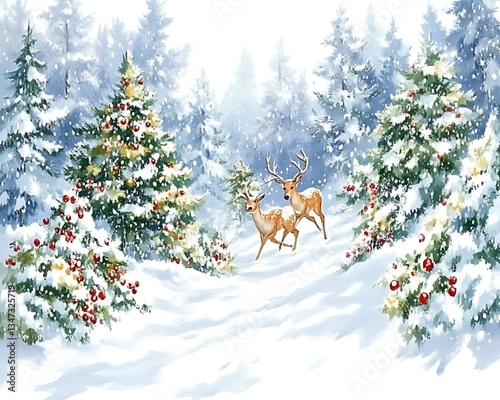 Snowy Forest Path with Deer.