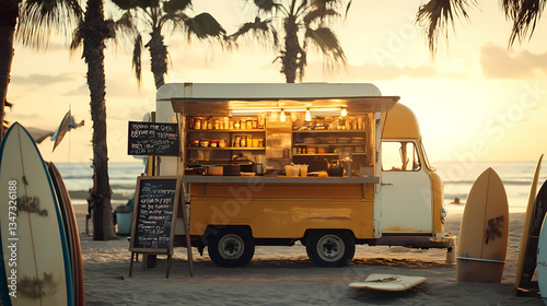 Wallpaper Mural Sunset Beachside Bites: A vibrant food truck with surfboards at the beachfront, evoking a sense of seaside fun and culinary delights. Torontodigital.ca