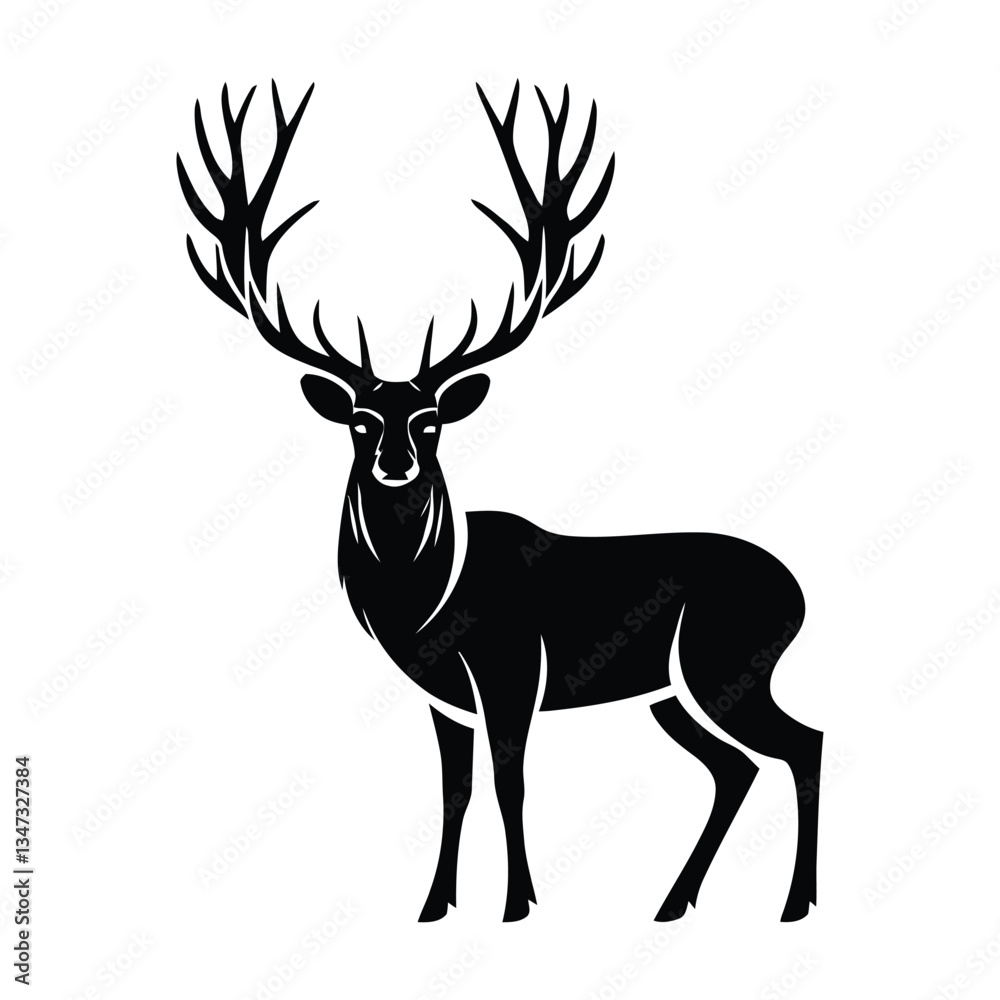 Obraz premium Deer Silhouette Vector - Elegant Stag with Antlers Isolated on White