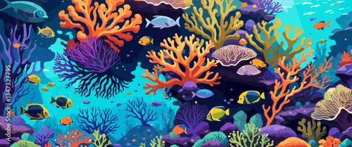 Underwater life at sea or ocean bottom. Exotic undersea world with coral reef, seaweeds and aquatic habitats in depth. Colored flat cartoon vector illustration of scenic marine landscape or seascape