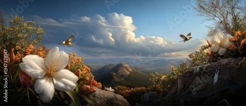 Majestic Mountain Bloom with Birds in Flight