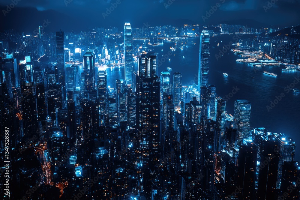 Obraz premium Nocturnal Majesty: Illuminated Urban Skyline of New York City Under a Blue Filter