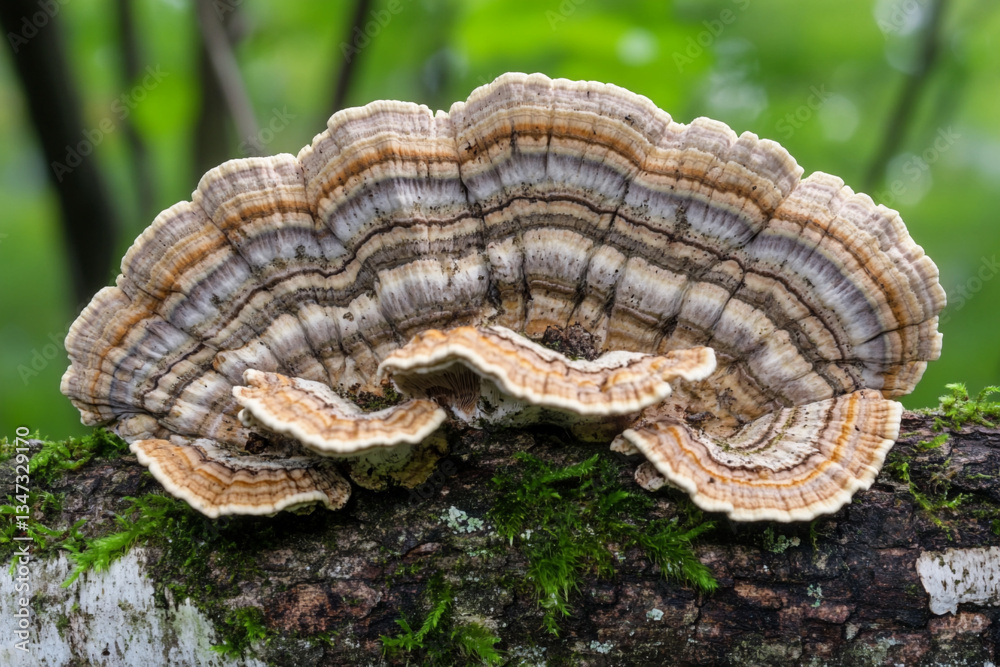 Arafed mushroom on a log with leaves and moss Arafed mushroom on a log with leaves and moss