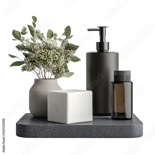 Elegant bathroom essentials display on a modern gray stone shelf.  A vase of flowers, soap dispenser, and lotion bottle sit together