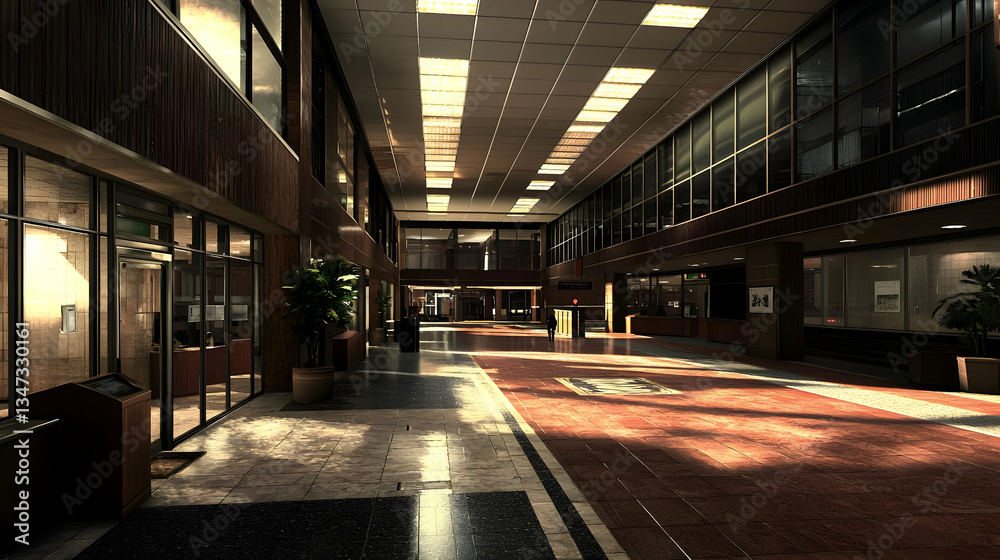 Obraz premium Empty Interior Hallway With Brown Walls and Glass Panels Under Bright Overhead Lighting