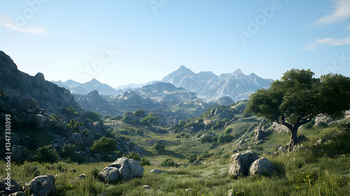 Panoramic View of Green Valley with Rocky Hills and Majestic Mountains Under a Clear Blue Sky