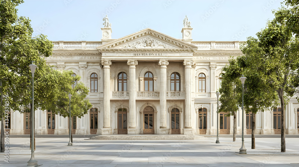 Fototapeta premium Classical European Architectural Building With Trees And Open Square During Sunny Day