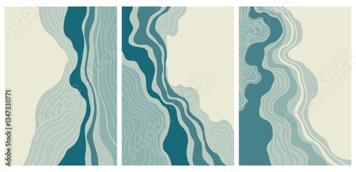 Abstract Topographic Triptych – Minimalist Mid-Century Modern Artwork, inspired by japanese style design