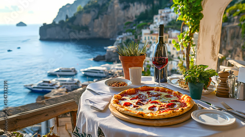 Pizza with a View: A mouthwatering pizza sits atop a table set for a delightful meal, complemented by a bottle of wine, offering a scenic view of the coast and the sea.