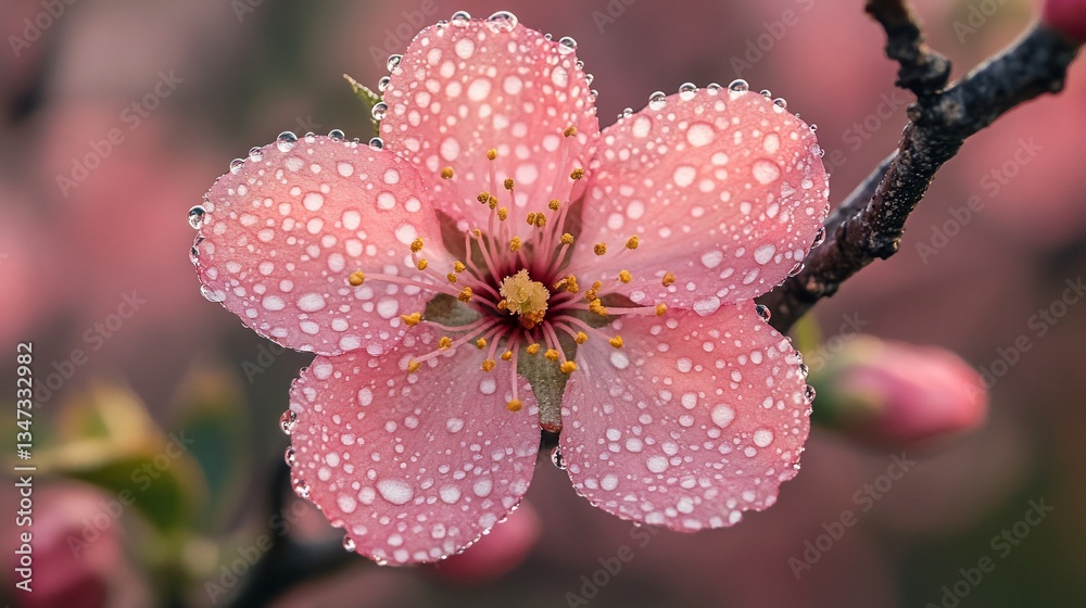Pink flower, dew drops, spring bloom, orchard background, nature photography Pink flower, dew drops, spring bloom, orchard background, nature photography