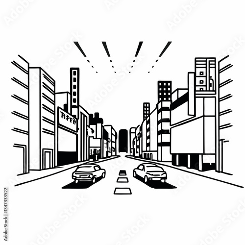 a minimalist black and white illustration depicting an urban street scene with buildings and cars