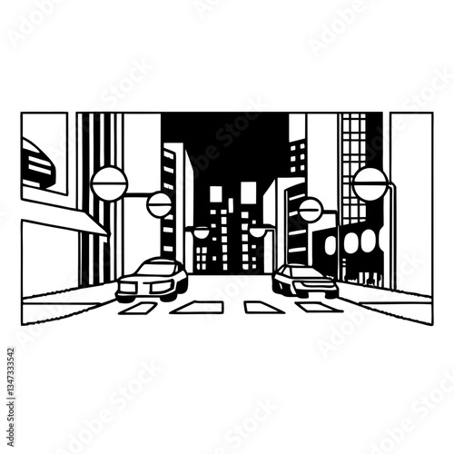 A detailed illustration of a cityscape at night. The city scene consists of buildings, cars, and street lights