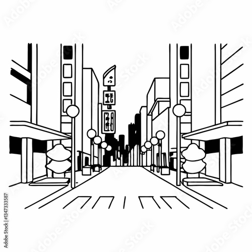 a city street, an illustration of a detailed street scene, featuring buildings, roads, and urban elements in perspective