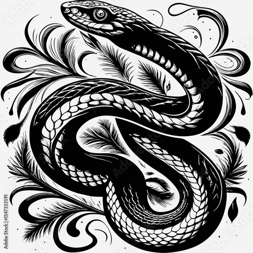 a detailed illustration of a snake with intricate patterns, set against a backdrop of swirling floral elements. The snake's scales are meticulously rendered, enhancing its powerful presence.
