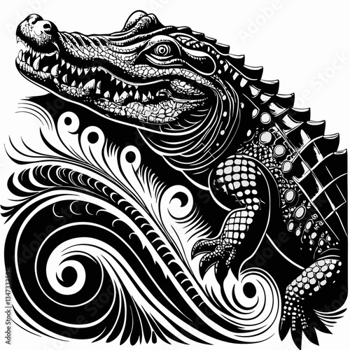 a detailed black and white illustration of a crocodile with intricate patterns and details