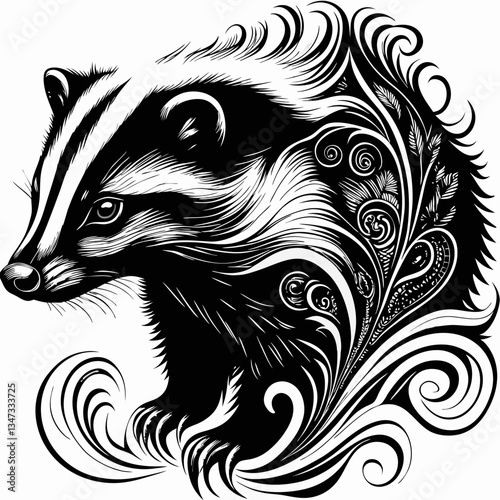 an intricate monochrome illustration of a badger adorned with decorative swirls and patterns, embodying artistic elegance and detailed artistry