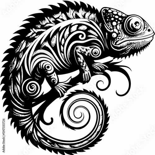 A beautifully detailed black and white chameleon illustration perched gracefully on a branch, with an intricate design that showcases the animal's unique features