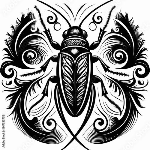 ornamental design features an insect in artistic style, with intricate details forming a symmetrical pattern