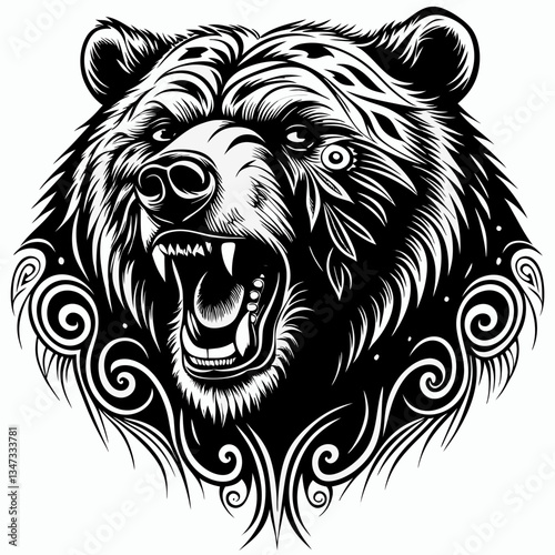 Roaring bear head with tribal design