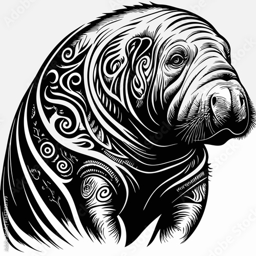 a detailed illustration of a manatee featuring intricate designs. The artwork is a striking monochrome image