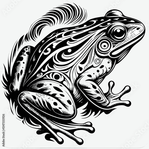 an artful frog in black and white. The intricate design of the frog creates a striking visual that draws attention to the beauty of nature