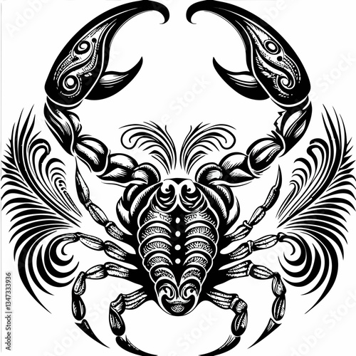 An intricate black and white scorpion illustration, perfect for astrological symbolism or decorative designs.