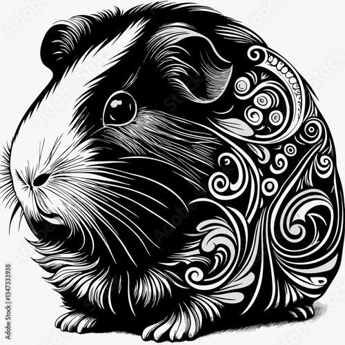 a detailed black and white guinea pig with floral patterns design around its body. A unique and artistic illustration of the cute animal