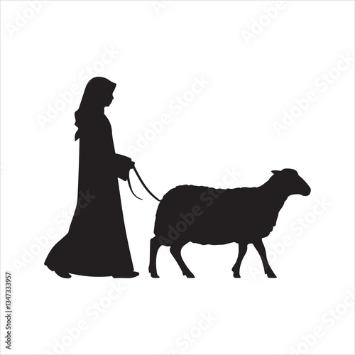 muslim woman walks leading a tied sheep silhouette
