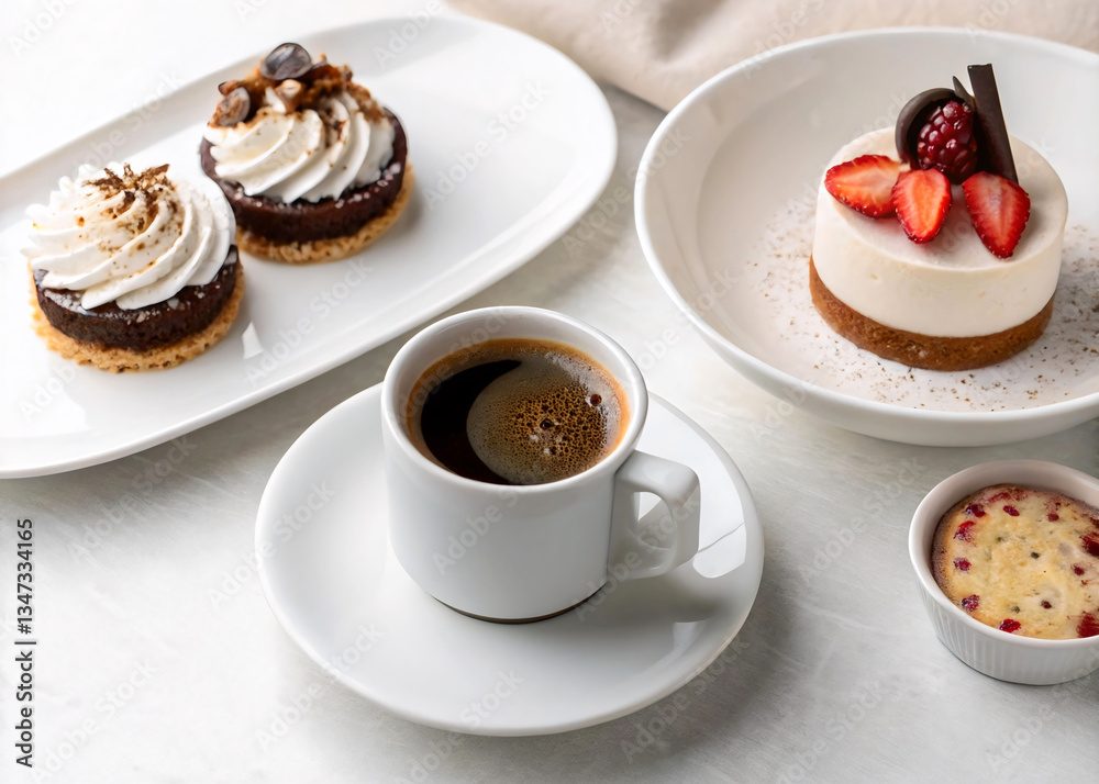 a table with a white coffee cup and saucer, various pastries including tarts and a cake, and a bowl containing strawberries and cream. a table with a white coffee cup and saucer, various pastries including tarts and a cake, and a bowl containing strawberries and cream.