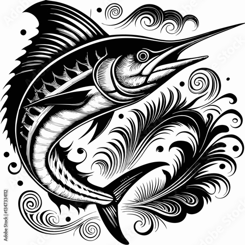 a black and white illustration of a marlin with intricate designs. The marlin is depicted leaping and poised, surrounded by ornamental patterns