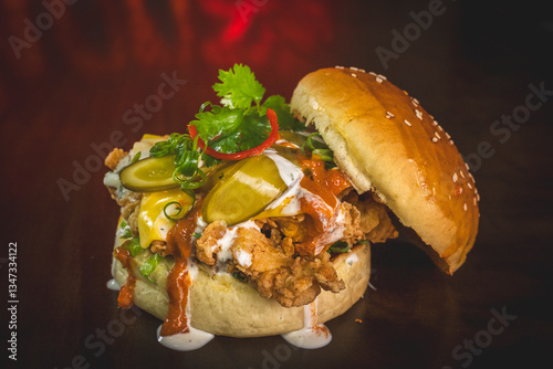 Burger on a table, dripping sauces 