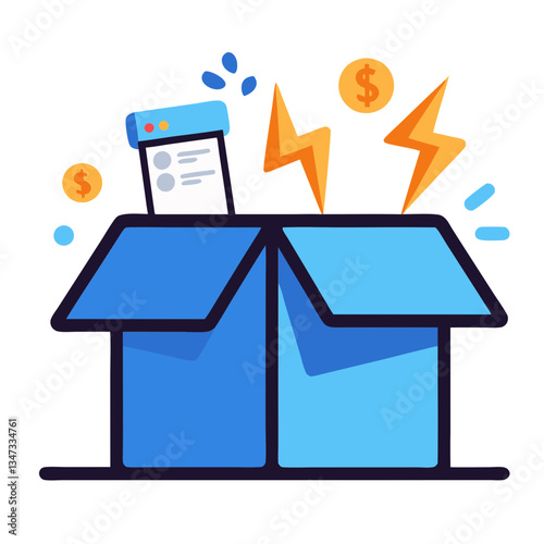 Open blue delivery box with money signs symbolizing e-commerce and financial growth