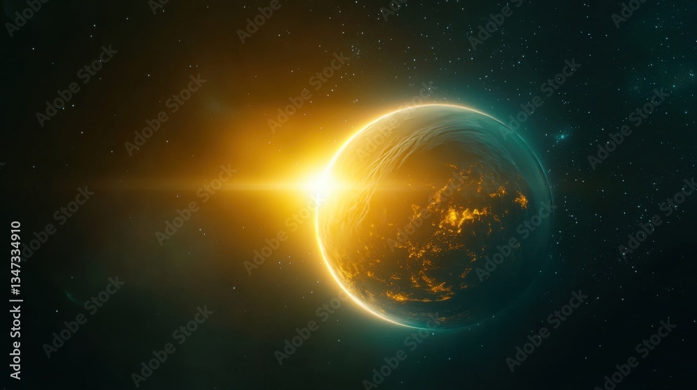 Naklejka premium A massive futuristic spaceship entering the orbit of an unknown glowing planet, dramatic lighting, deep space vastness, cinematic sci fi shot