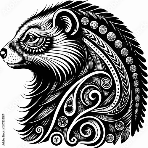 stylized illustration of a weasel head in monochrome, adorned with intricate swirls and patterns